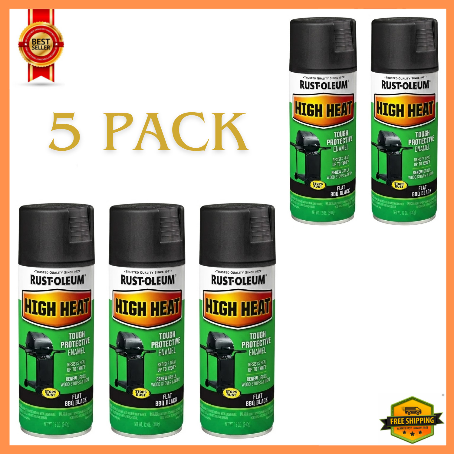 Rust-oleum High Heat Bar-B-Que Black Flat Spray Paint, 7778830, 12 Oz (5 Pack)