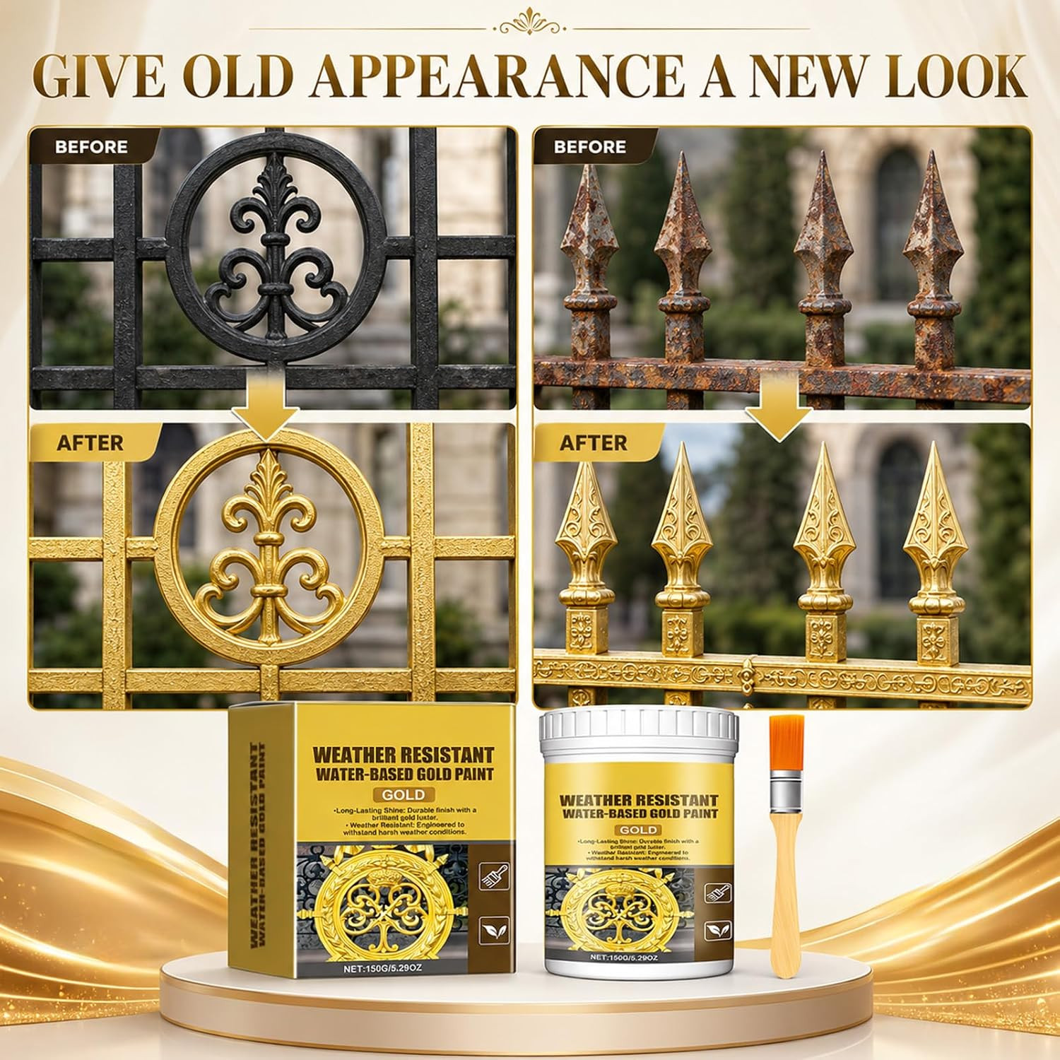 2PCS Weather Resistant Water Based Gold Paint, Water-Based Paint for Outdoor & I
