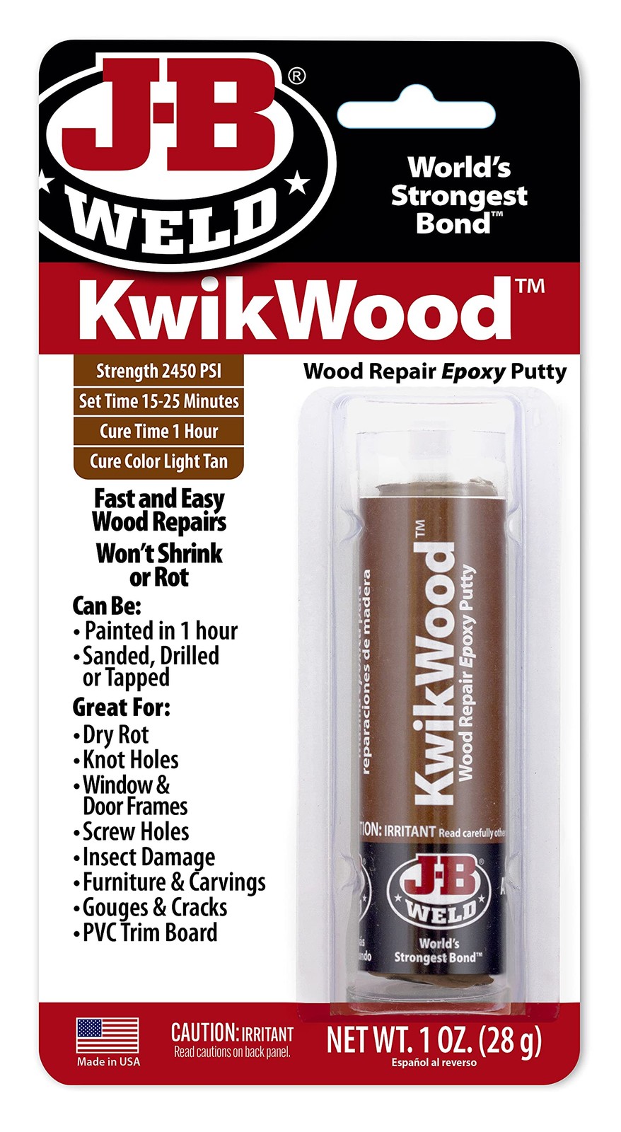 J-B Weld Tan KwikWood Wood Repair Epoxy Putty, 1 oz. Stick 3.5 inch,