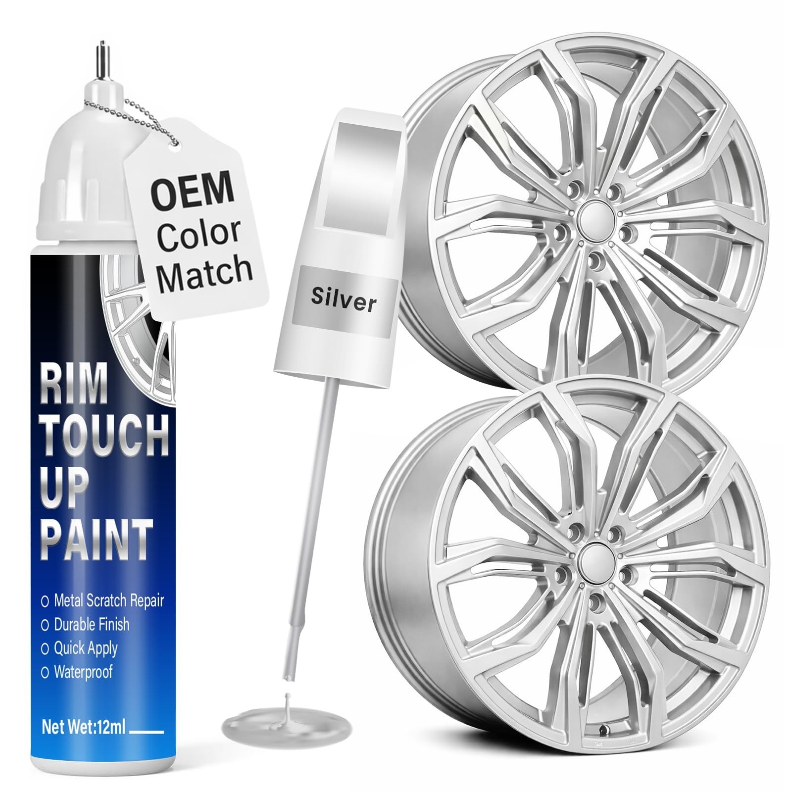 Universal Silver Rim Touch Up Paint – 2-in-1 Brush & Tip, Quick-Dry Curb Rash Re