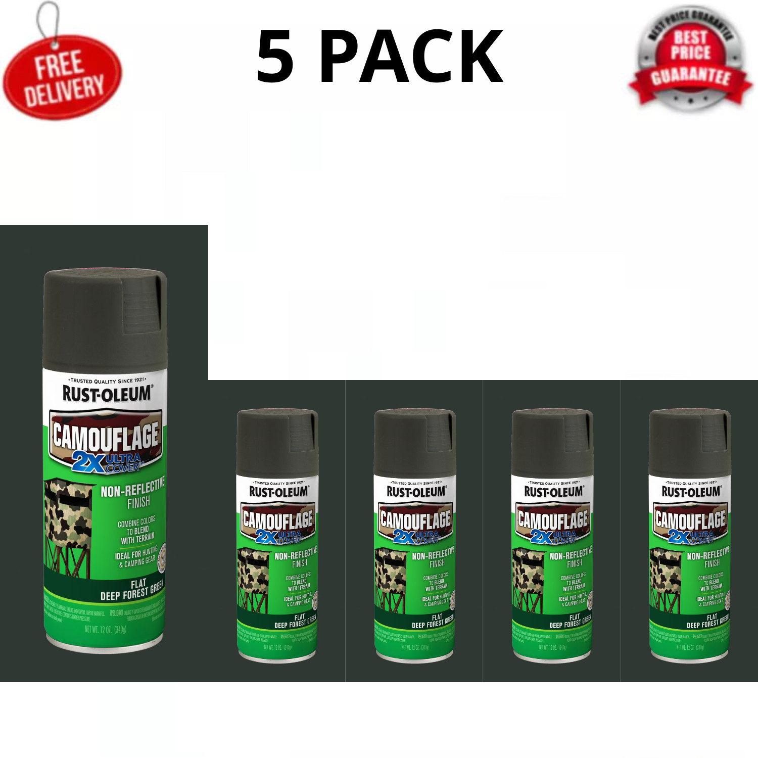 Rust-Oleum Camouflage 2X Ultra Cover Spray Paint Deep Forest Green 12 oz, 5 Pack