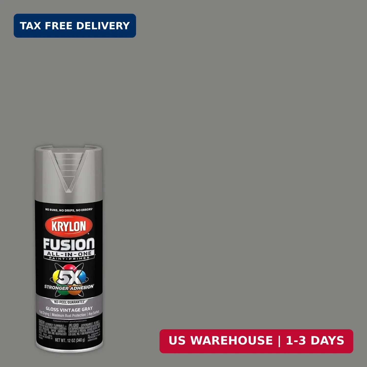 Krylon Rust Preventative Spray Paint, Vintage Gray, Gloss, Solvent, 12 oz K02726