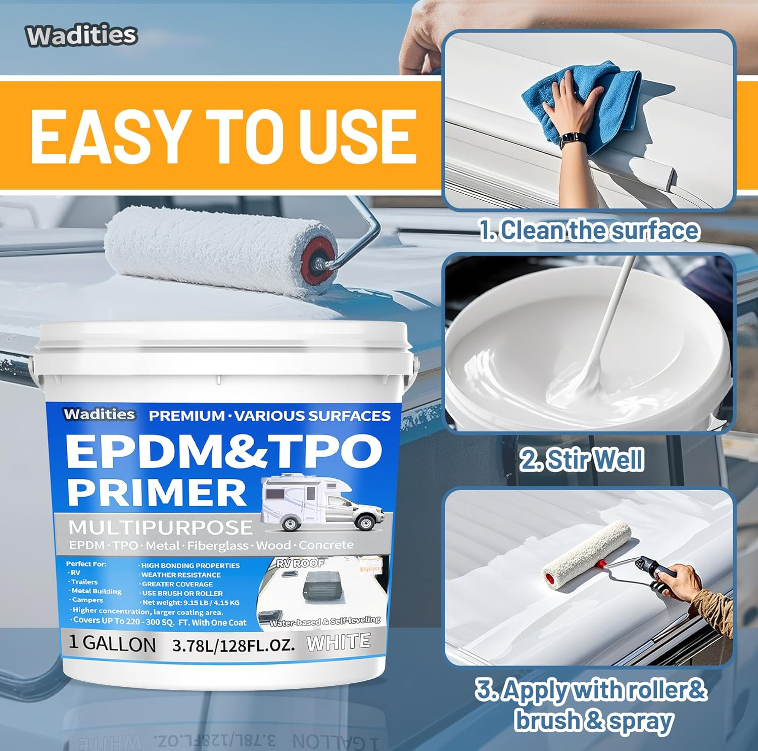EPDM and TPO Primer White, Multi-Purpose RV Roof Primer, Use on Rubber, Wood, Fi