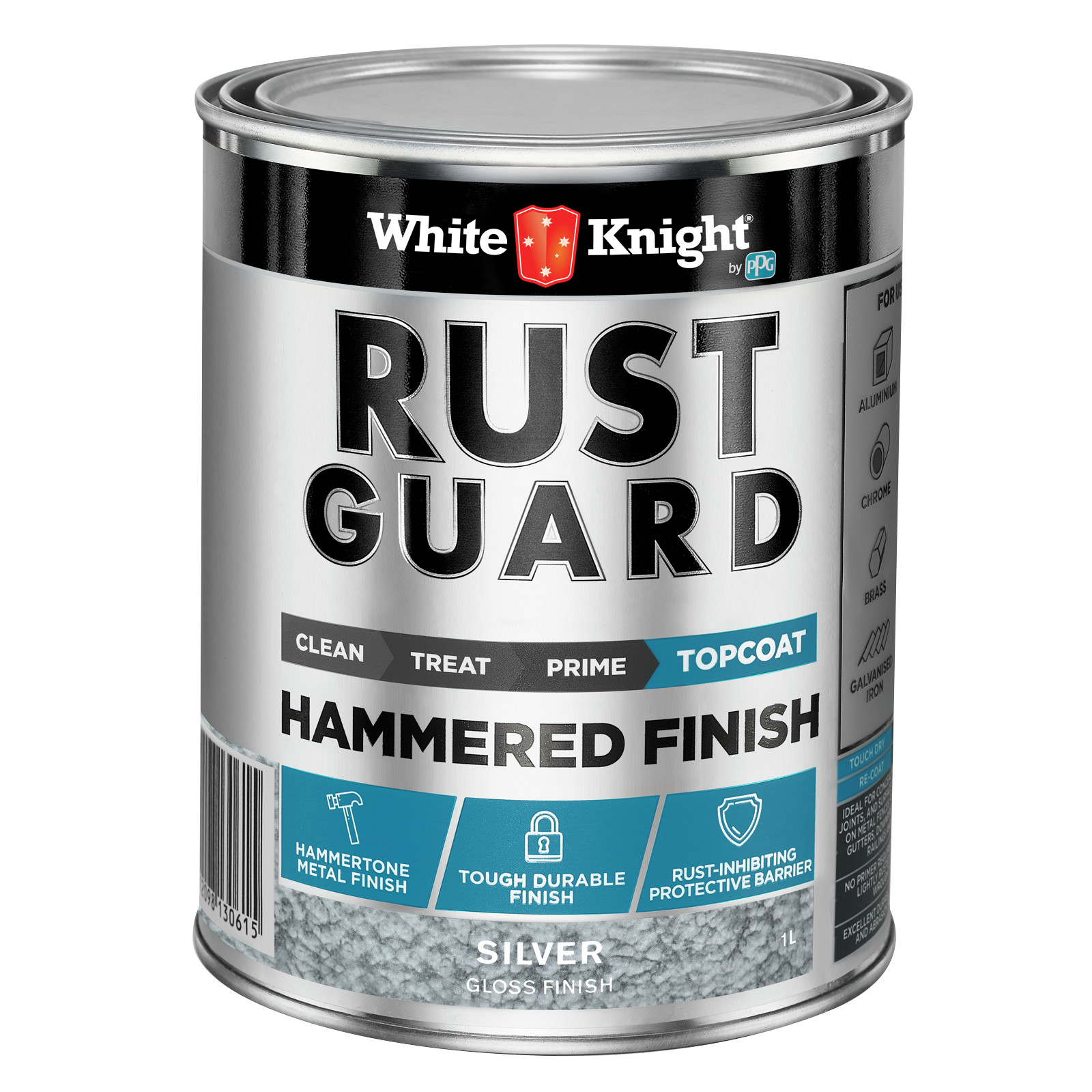White Knight Rust Guard 1L Silver Gloss Hammered Finish Paint
