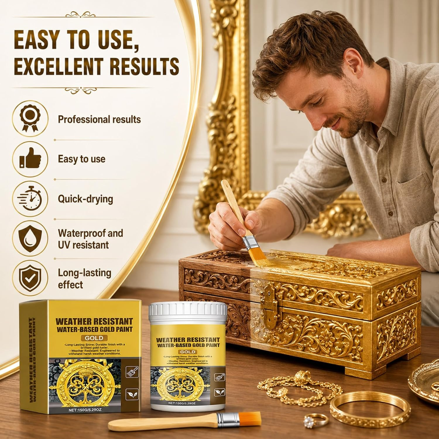 2PCS Weather Resistant Water Based Gold Paint, Water-Based Paint for Outdoor & I