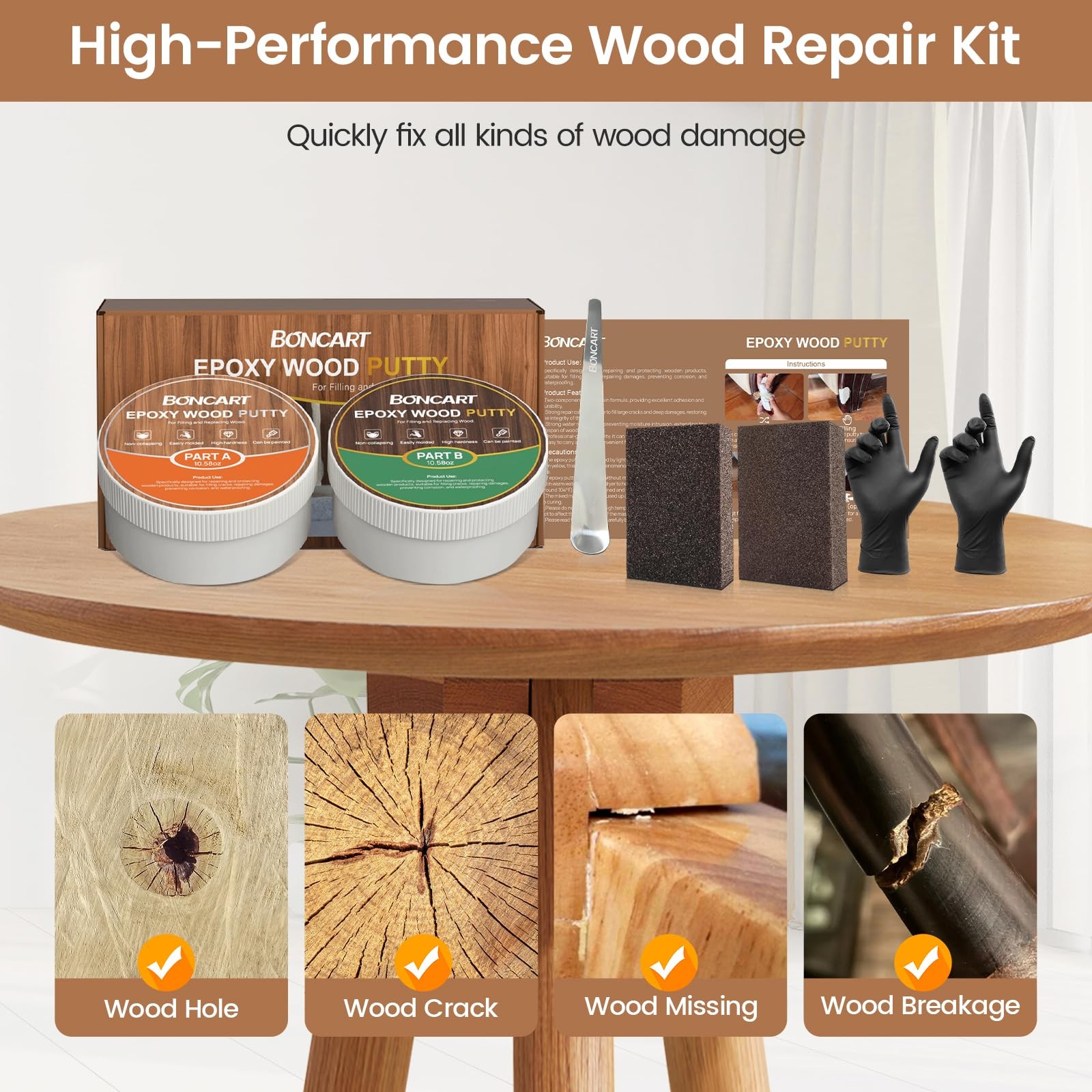 Boncart Epoxy Wood Putty, High Strength Filler Stainable Dark Brown
