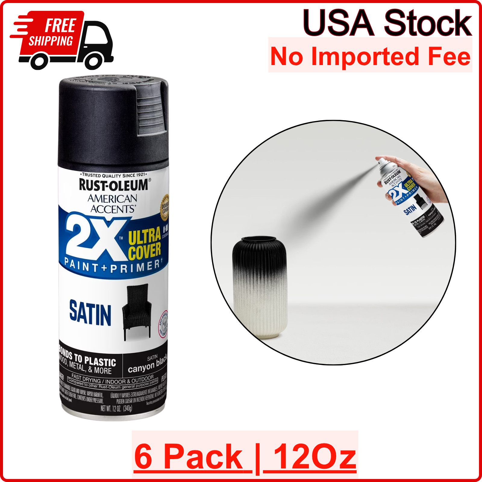 Rust-Oleum American Accents 2X Ultra Cover Satin Spray Paint, Canyon Black, 6 PK