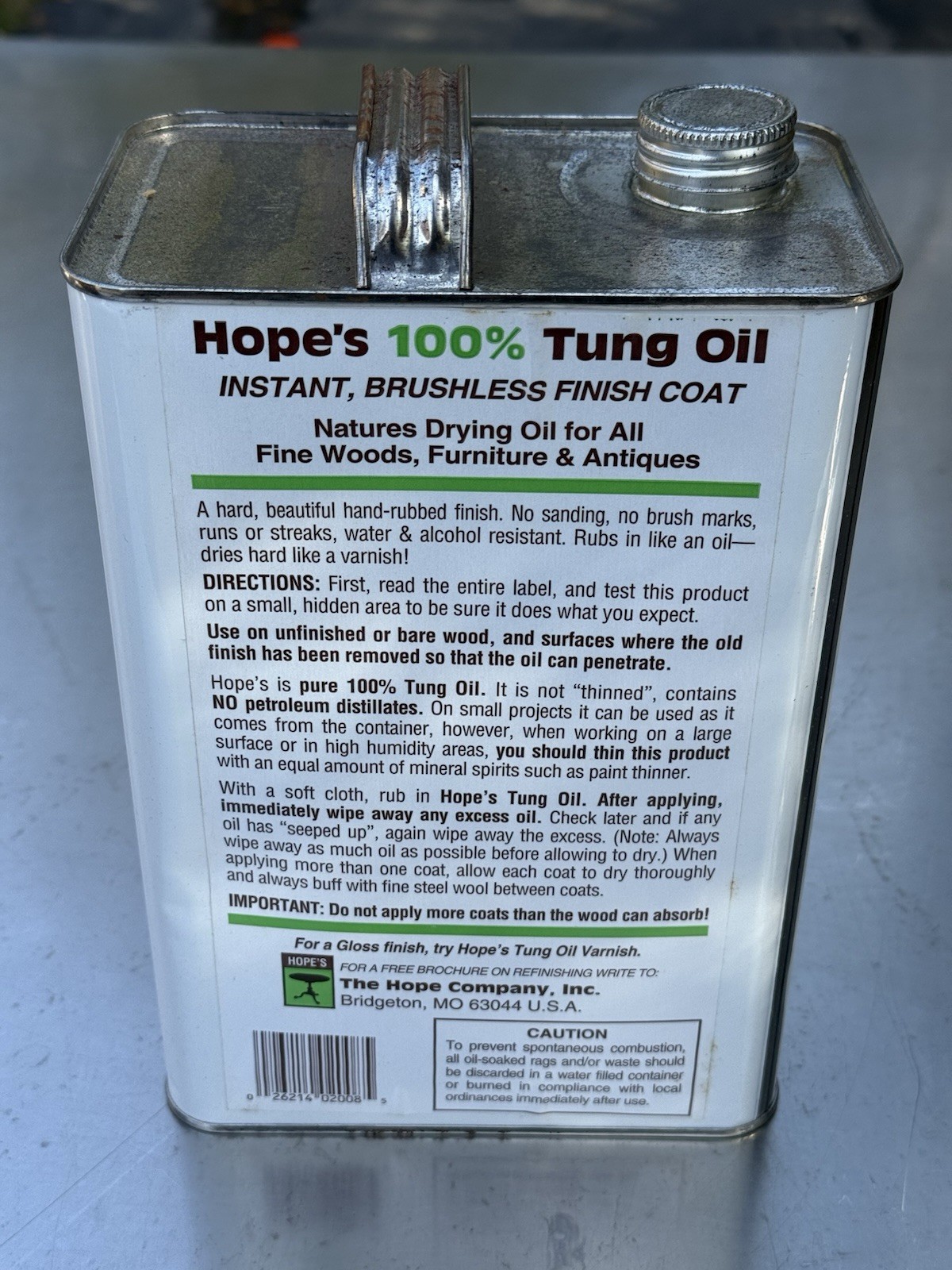 Hope’s 100% Tung Oil – 1 Gallon / 128 Fl Oz. For Wood Finish – NOS