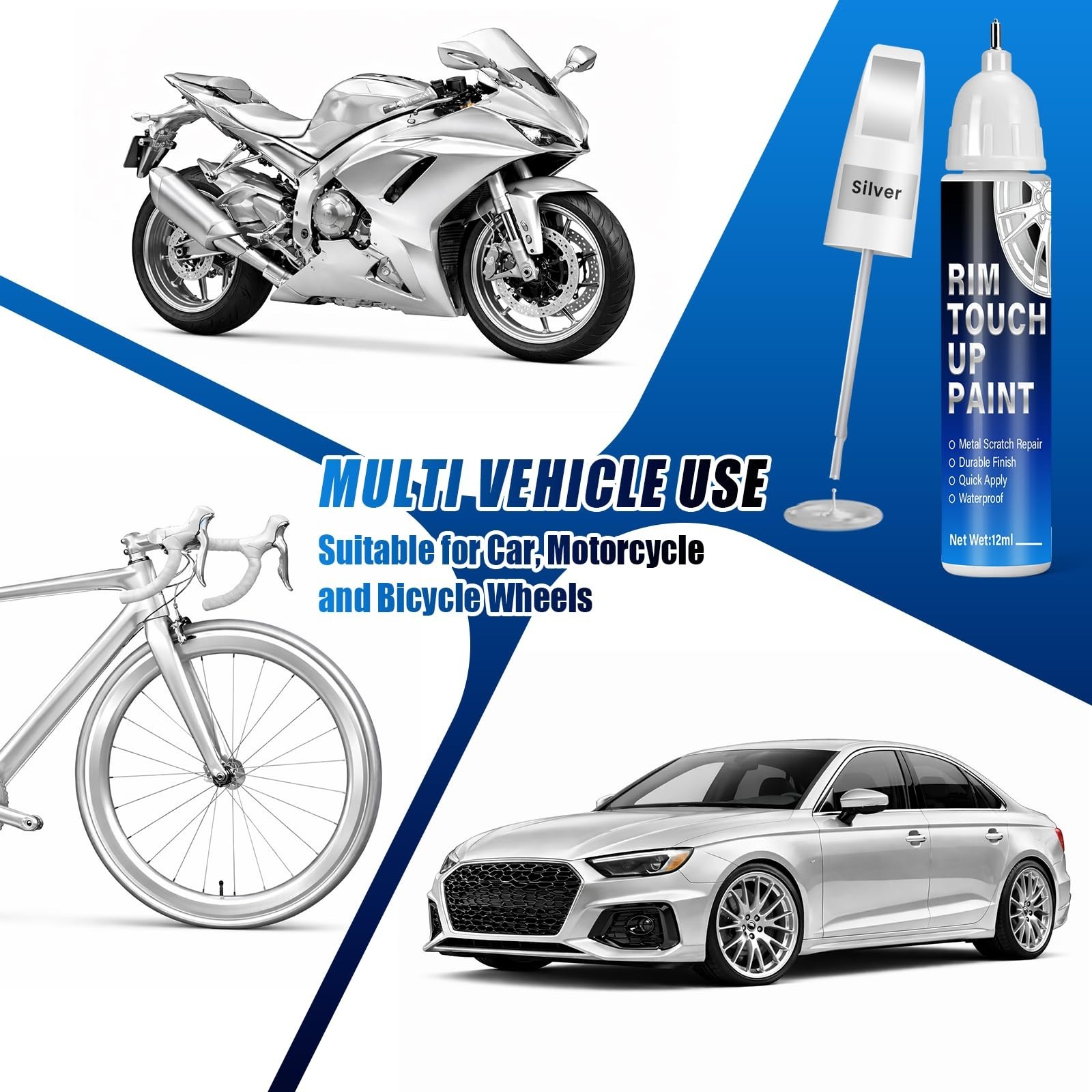 Universal Silver Rim Touch Up Paint – 2-in-1 Brush & Tip, Quick-Dry Curb Rash Re