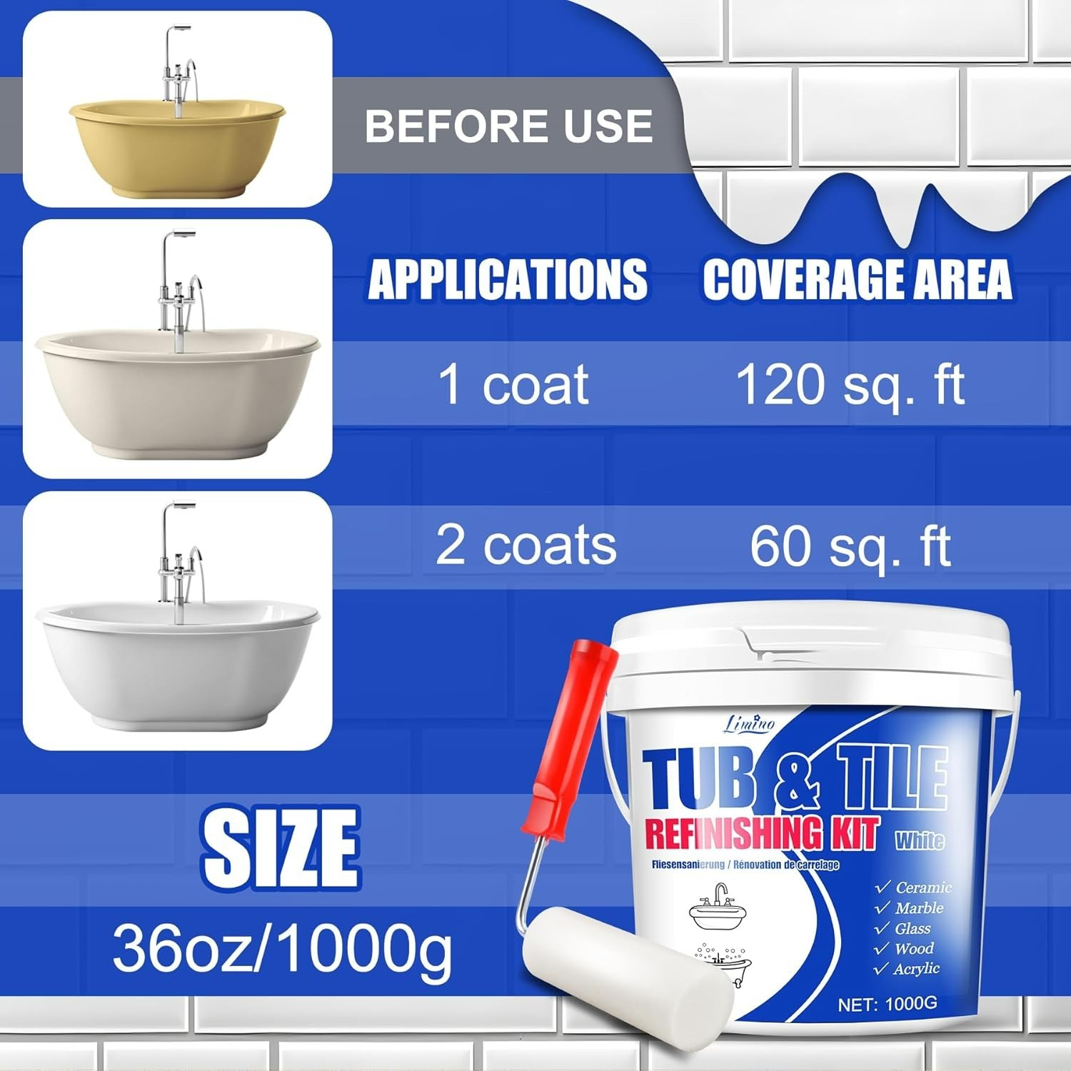 Tub and Tile Refinishing Kit – 35Oz Semi-Gloss White Tile Paint with Tools for B