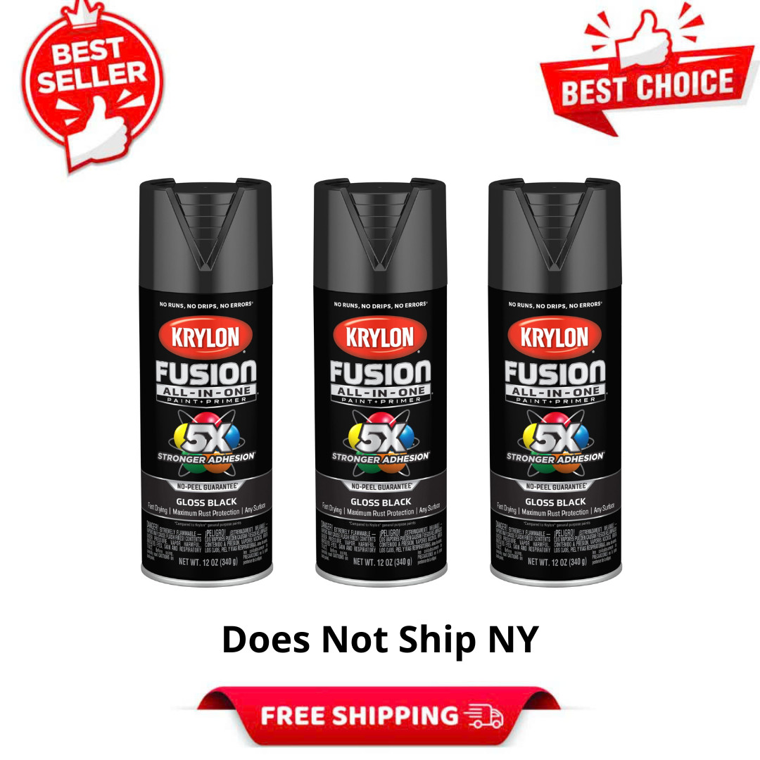 3 Pack Krylon Fusion All In One Spray Paint Gloss Black, 12 oz, Multi Surface