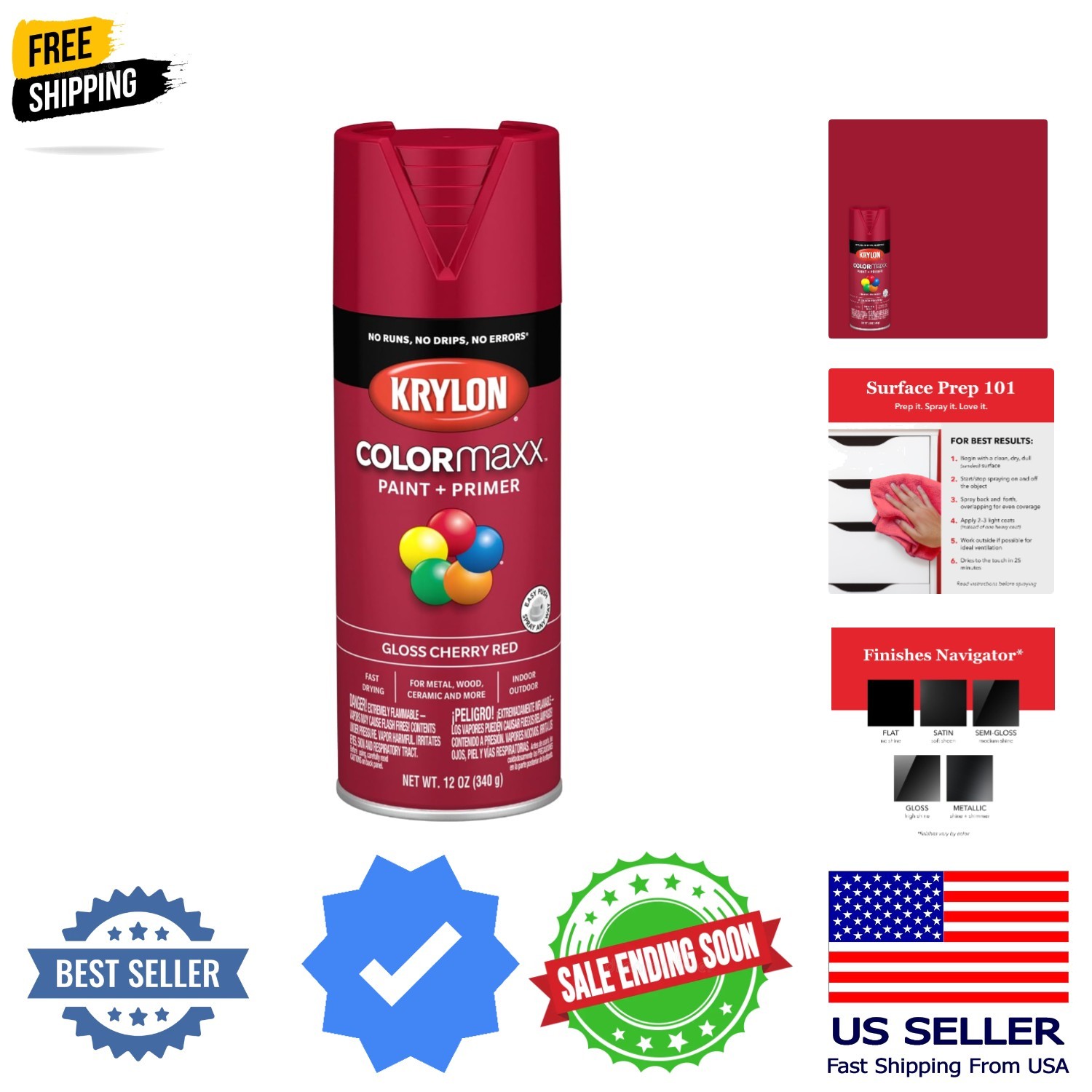 K0007 COLORmaxx Spray Paint and Primer for Indoor/Outdoor Use, Gloss Cherry R…