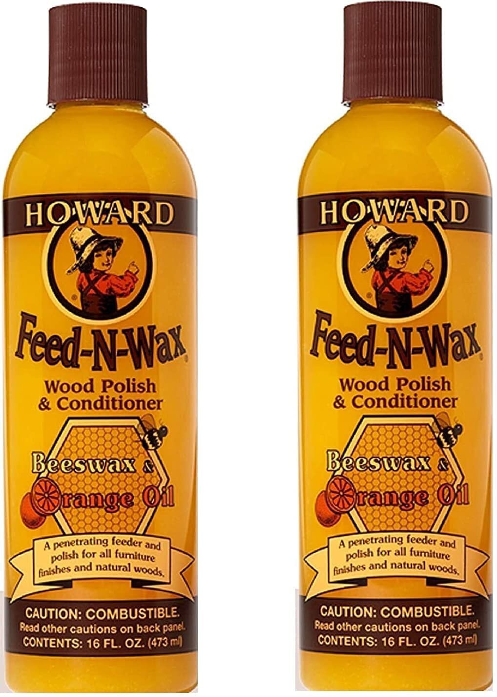 Howard Products FW0016 Wood Polish & Conditioner, 16 oz, orange, 16 Fl Oz (2)