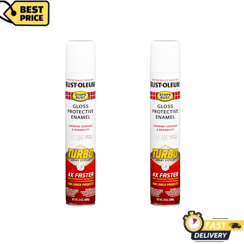2Pack White Rust-Oleum Stops Rust Gloss Turbo Spray Paint, 24 oz, Rapid Coverage