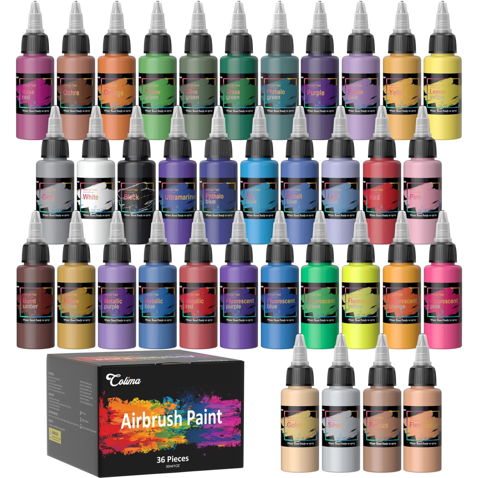 Airbrush Paint – 36 Colors, Opaque & Brilliant | Ready-to-Spray Water-Based A…