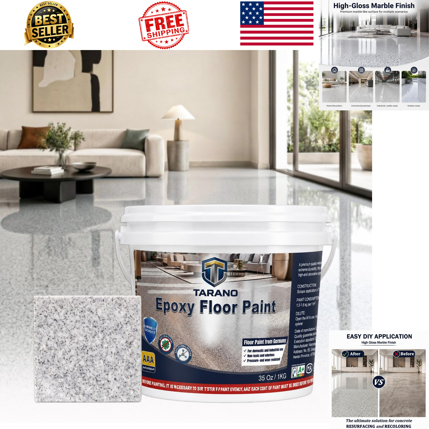 Epoxy Colored Sand Floor Paint Self-Leveling Concrete Non-Slip Garage Patio 35oz