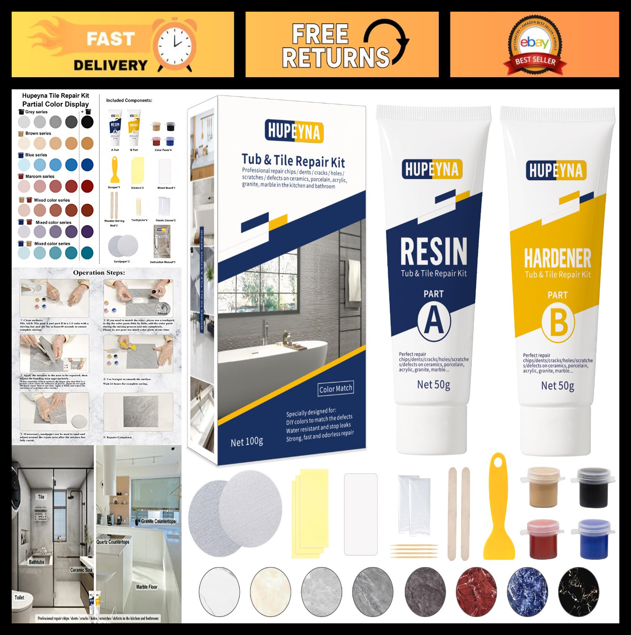 Tub, Tile & Shower Repair Kit – Color Match Porcelain & Fiberglass Fix for Chips