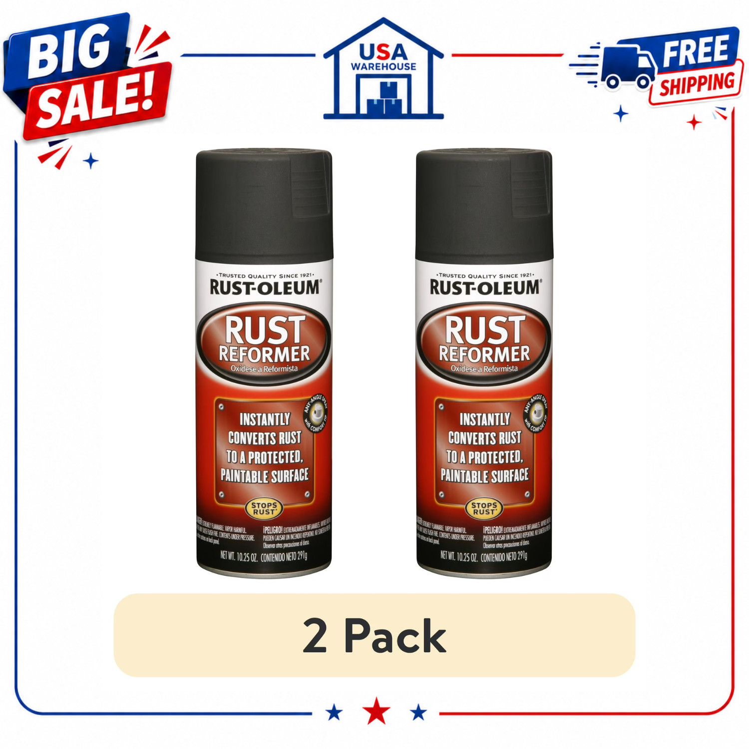 2 Pack Automotive Flat Black Finish Rust Converter Rust Reformer Spray Coat 10oz