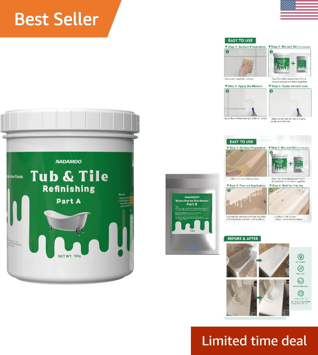 Tub and Tile Refinishing Kit White, Without Tools, 500g/17 oz Emulsion and 10…