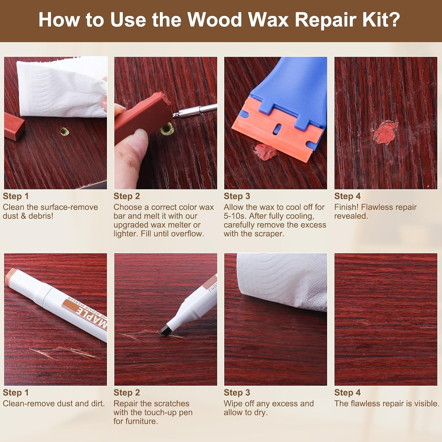 Laminate Wood Floor Repair Kit, Wax Melting Tool with Display, Hard Wax Filler,