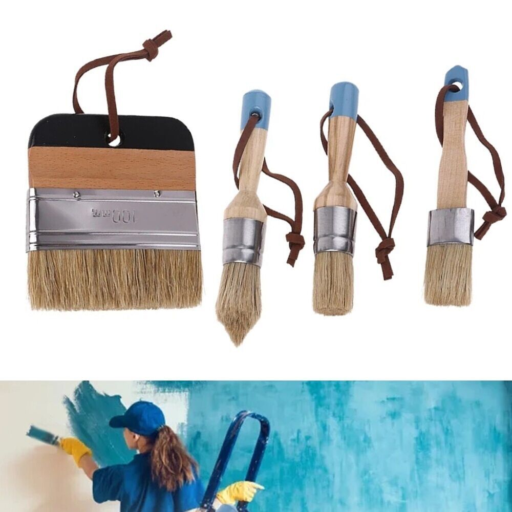 4Pcs Round Flat Pointed Wide Chalk Paint Wax Brush Set with Strap Soft Bristle
