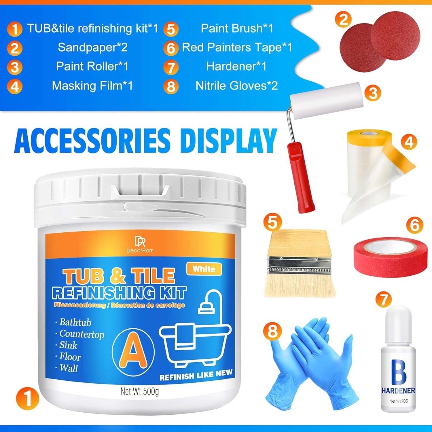 Tub and Tile Refinishing Kit – 17Oz Semi-Gloss White Tile Paint with Tools for B