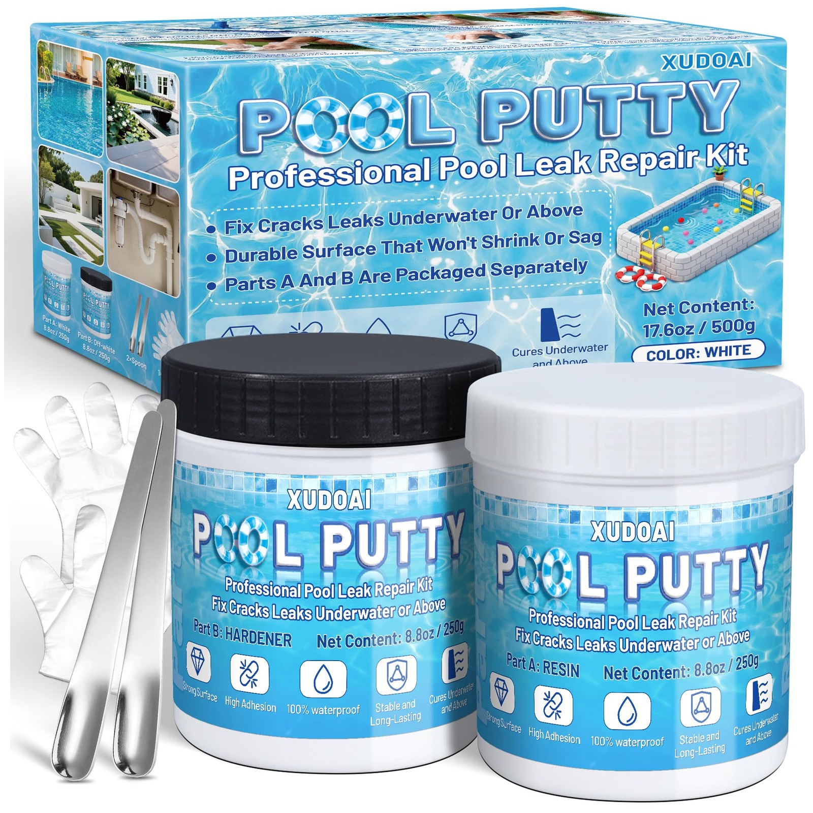Pool Putty, 17.6oz/500g 2 Part Epoxy Putty for Underwater or White
