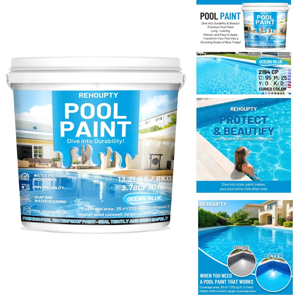 Pool Paint Ocean Blue 1 Gal Water-Based Acrylic Resin Concrete Coating