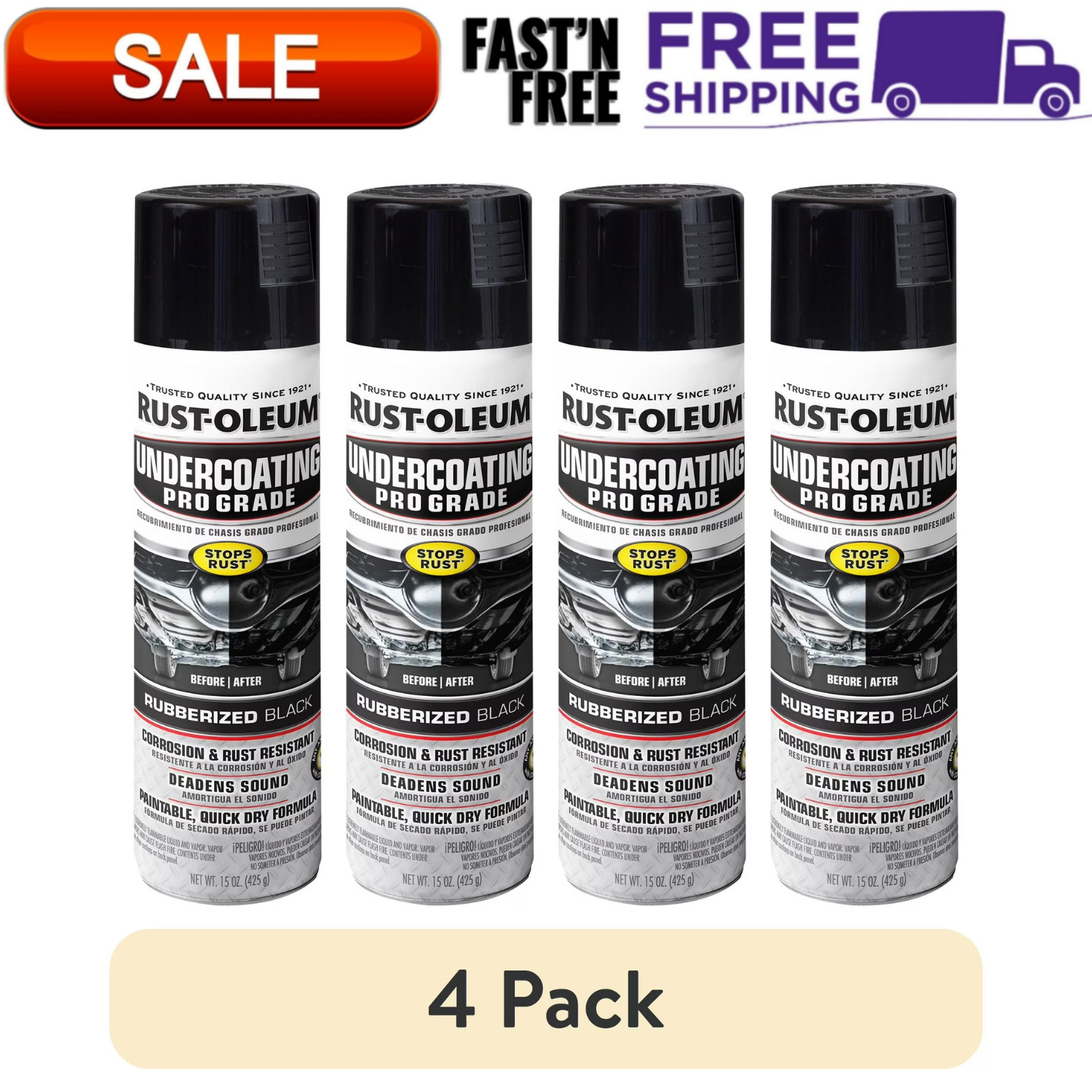 (4Pk) Rust Oleum Automotive Rubberized Undercoating Spray Paint Black Matte 15oz