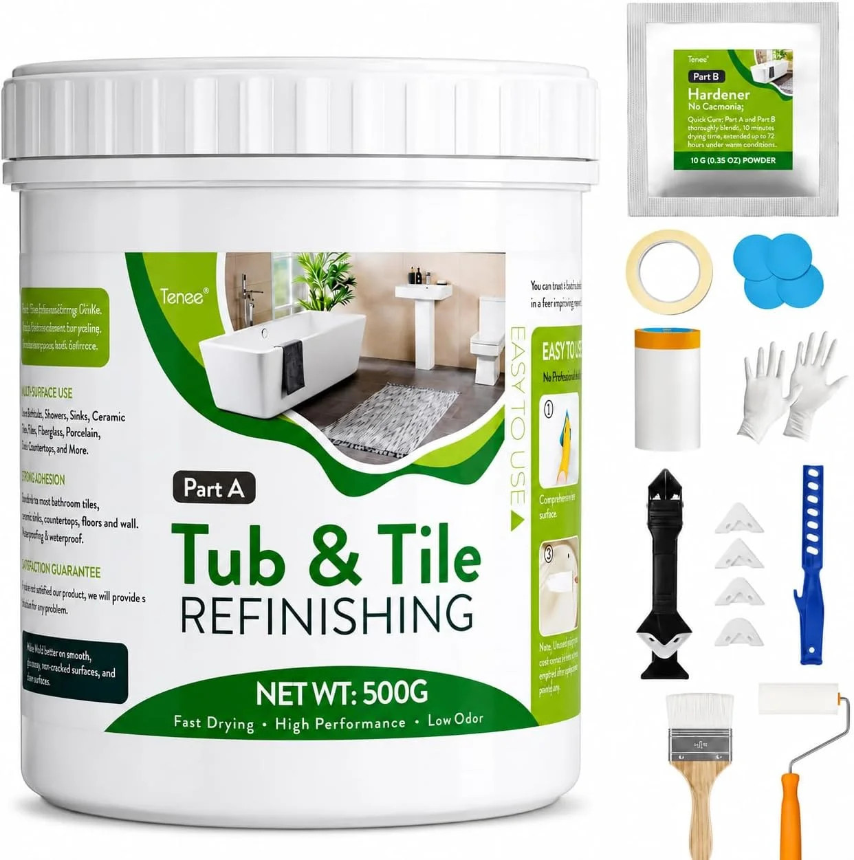 17oz White Tub and Tile Paint, Tub and Tile Refinishing Kit with 8 Tools, Semi-G