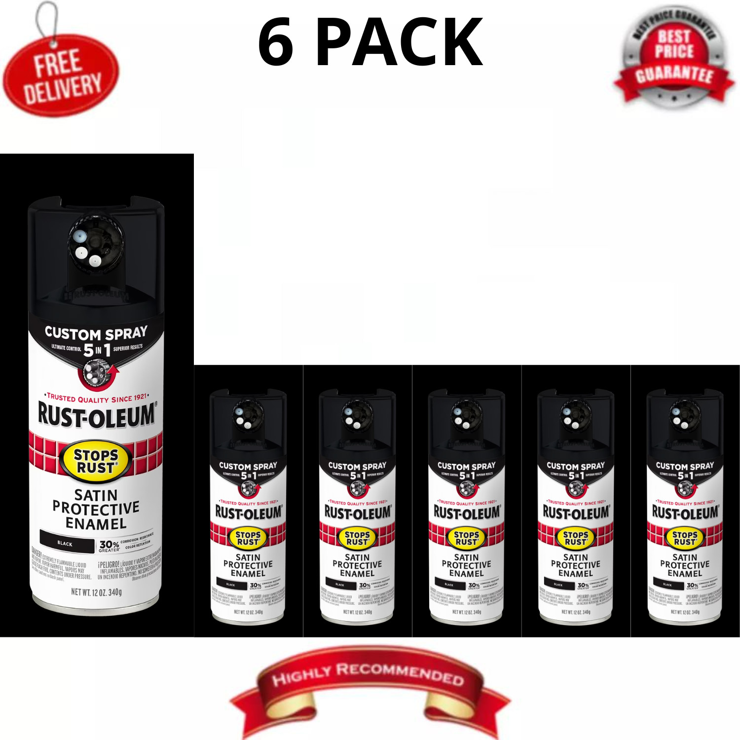 Rust-Oleum Stops Rust Custom 5-in-1 Satin Black Spray Paint 12oz 376869, 6 Pack