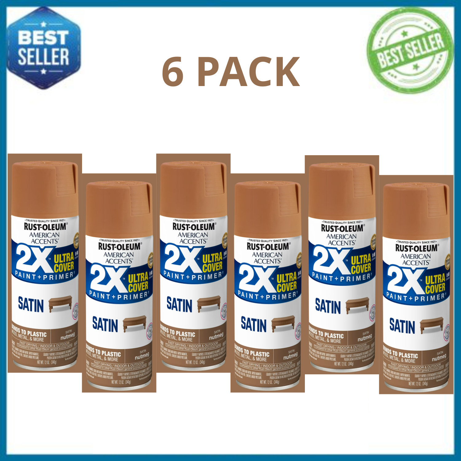 Rust-Oleum American Accents 2X Satin Nutmeg Spray Paint 12oz 6 Pack