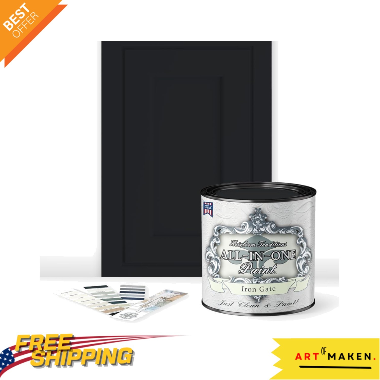 Versatile ALL-IN-ONE Paint – 32 Oz Iron Gate Black with 30 Color Card Included