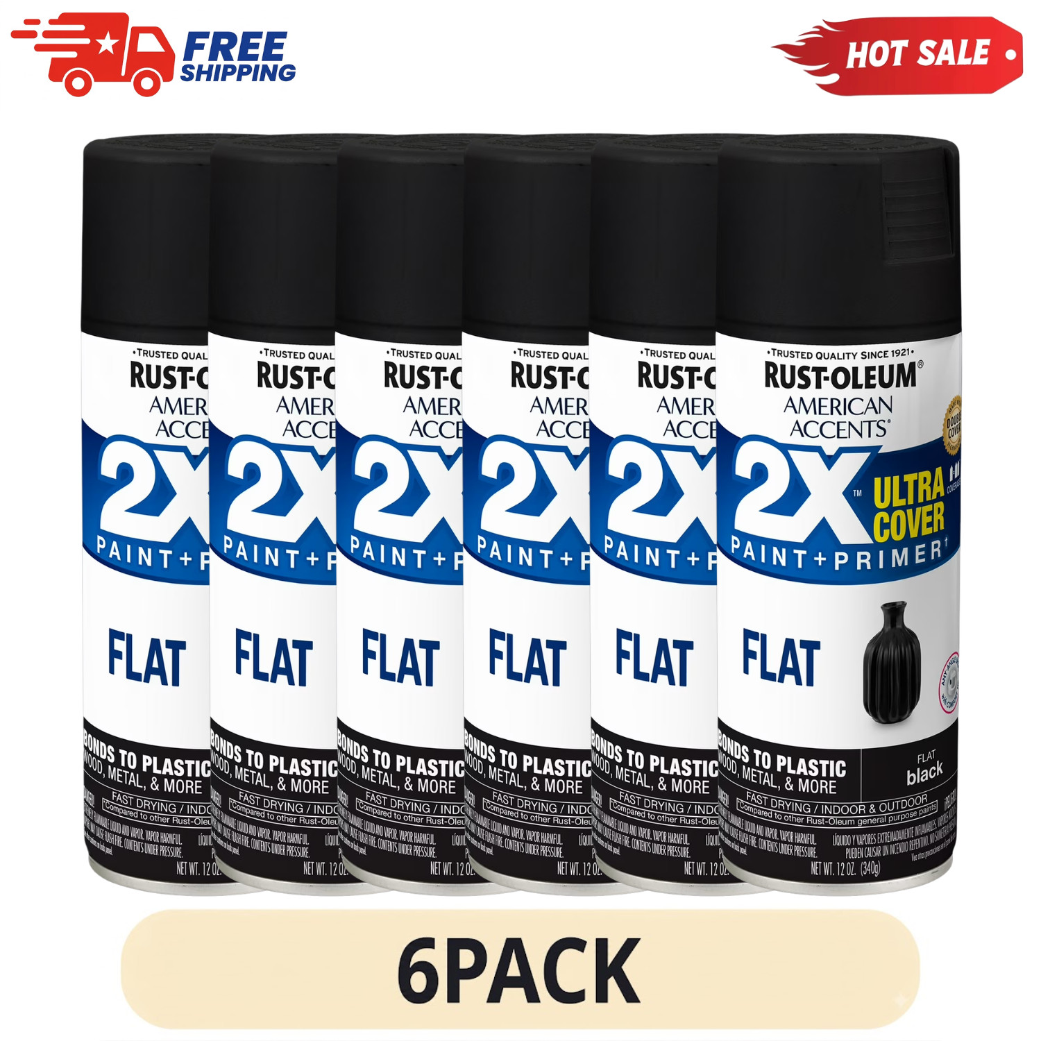 6 Pack Rust-Oleum 2X Ultra Cover Flat Black Spray Paint 12 oz Can