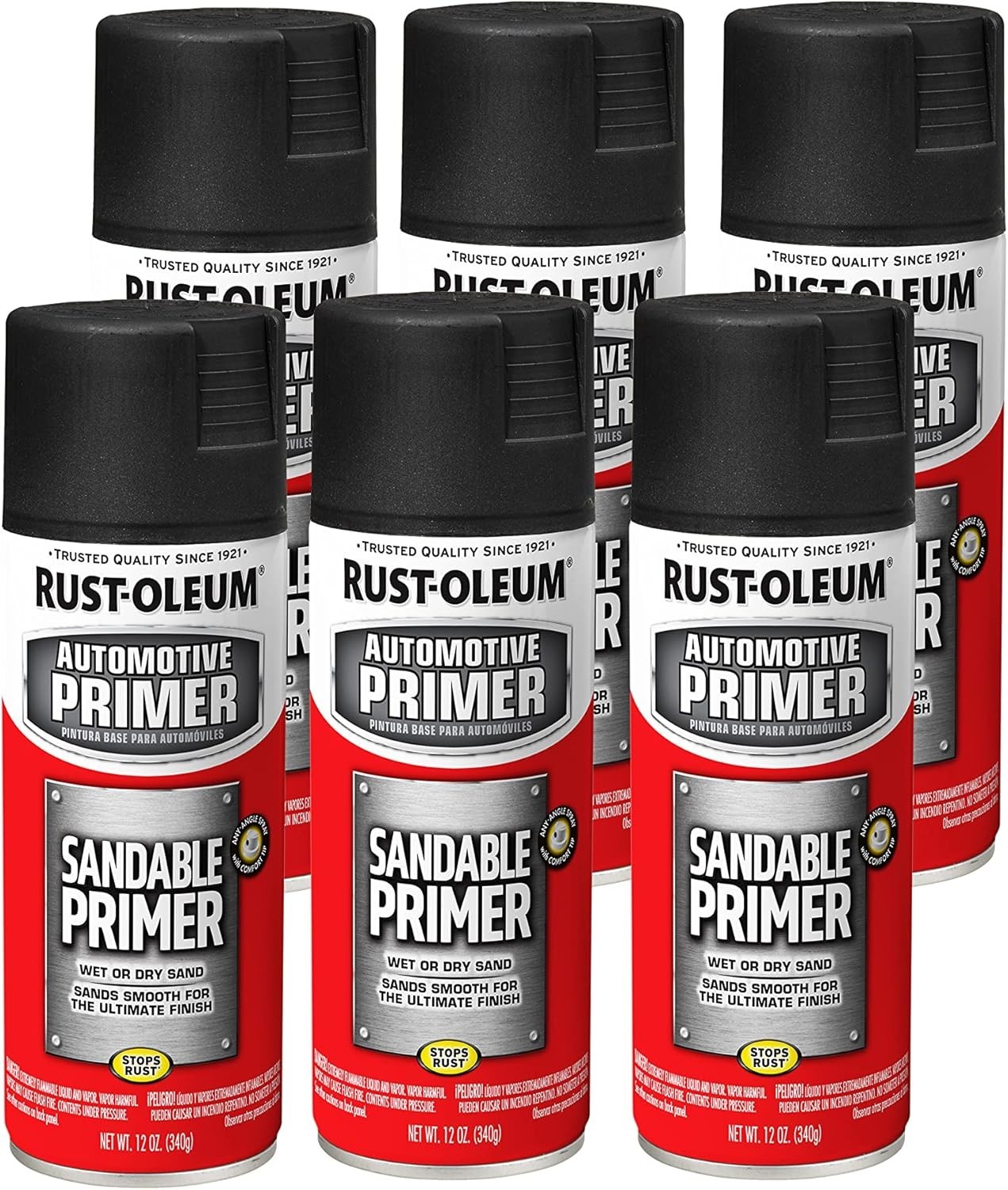 Automotive Primer Spray, Black, 12oz, Sandable, 6 Pack, Stops Rust