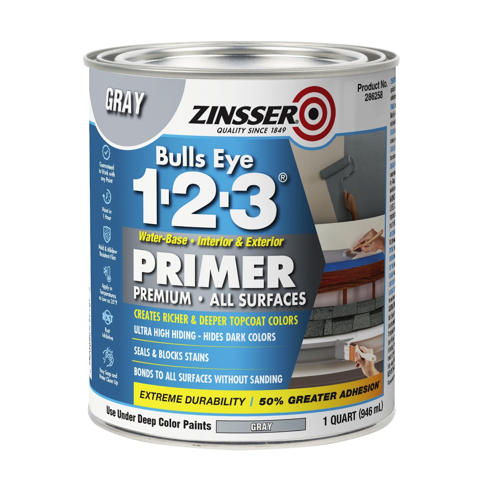 Zinsser 286258 Bulls Eye 1-2-3 All Surface Primer, Quart (Pack of 1), Gray