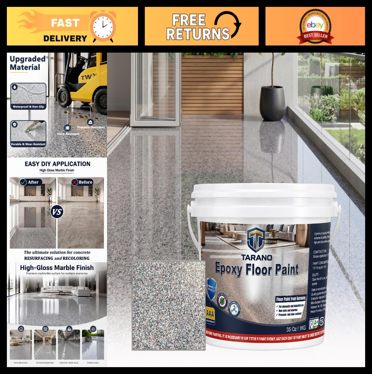 Colored Epoxy Floor Paint for Concrete – High-Gloss, Non-Slip, Marble Finish – 3