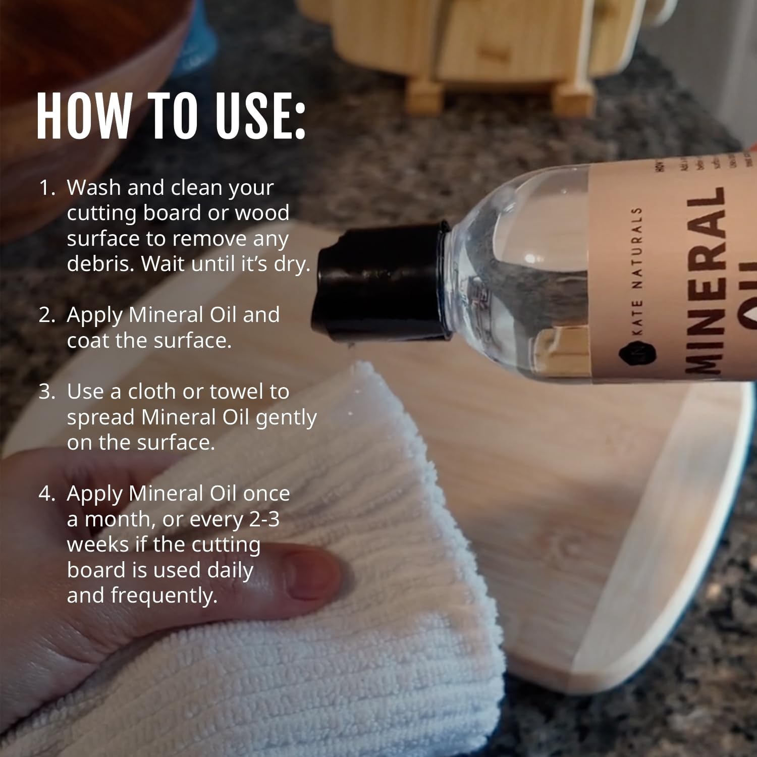 Kate Naturals Mineral Oil for Wood Cutting Board, Butcher 8 fl oz, Clear