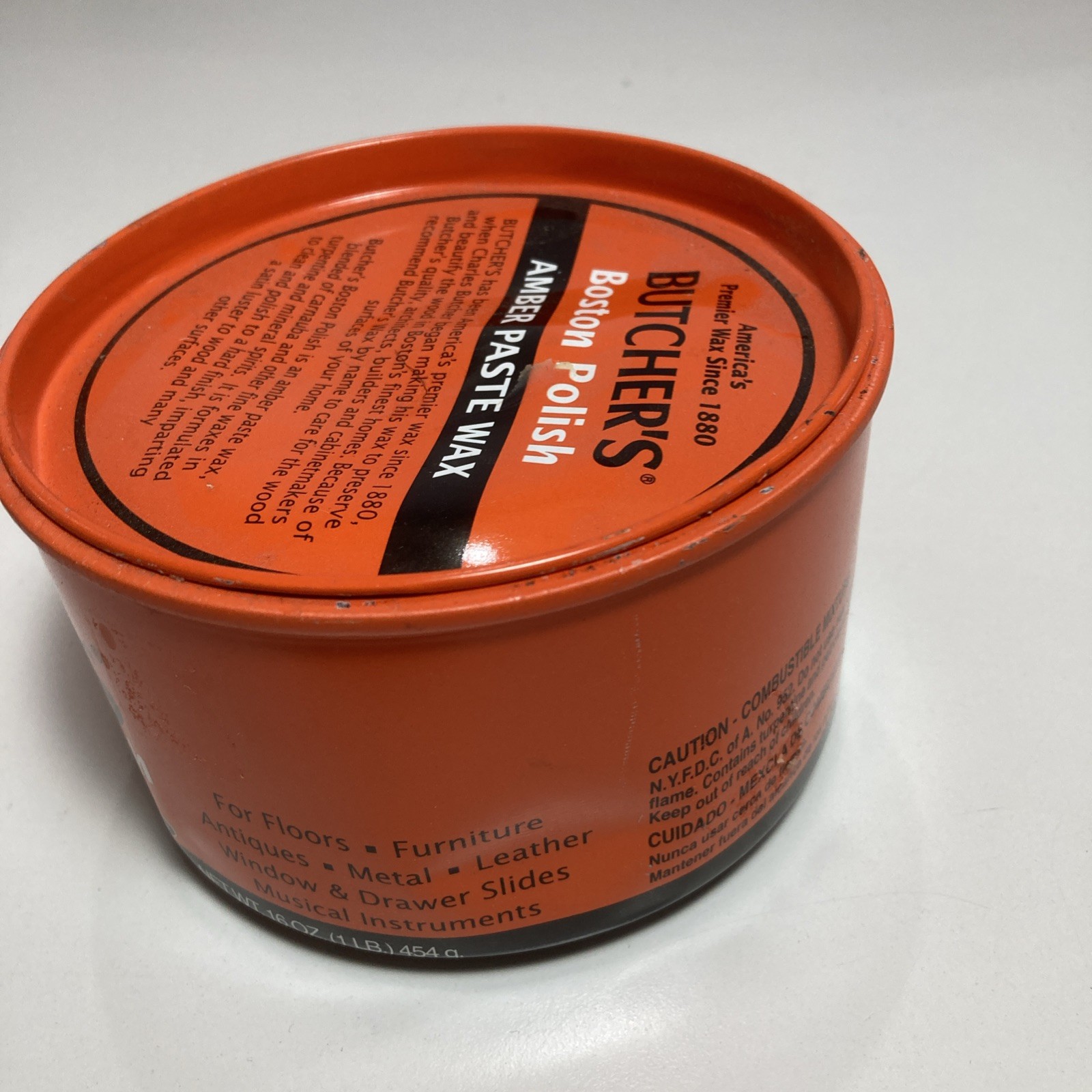Vintage Butcher’s Boston Polish Amber Paste Wax 16 oz 90% FULL Tin Can
