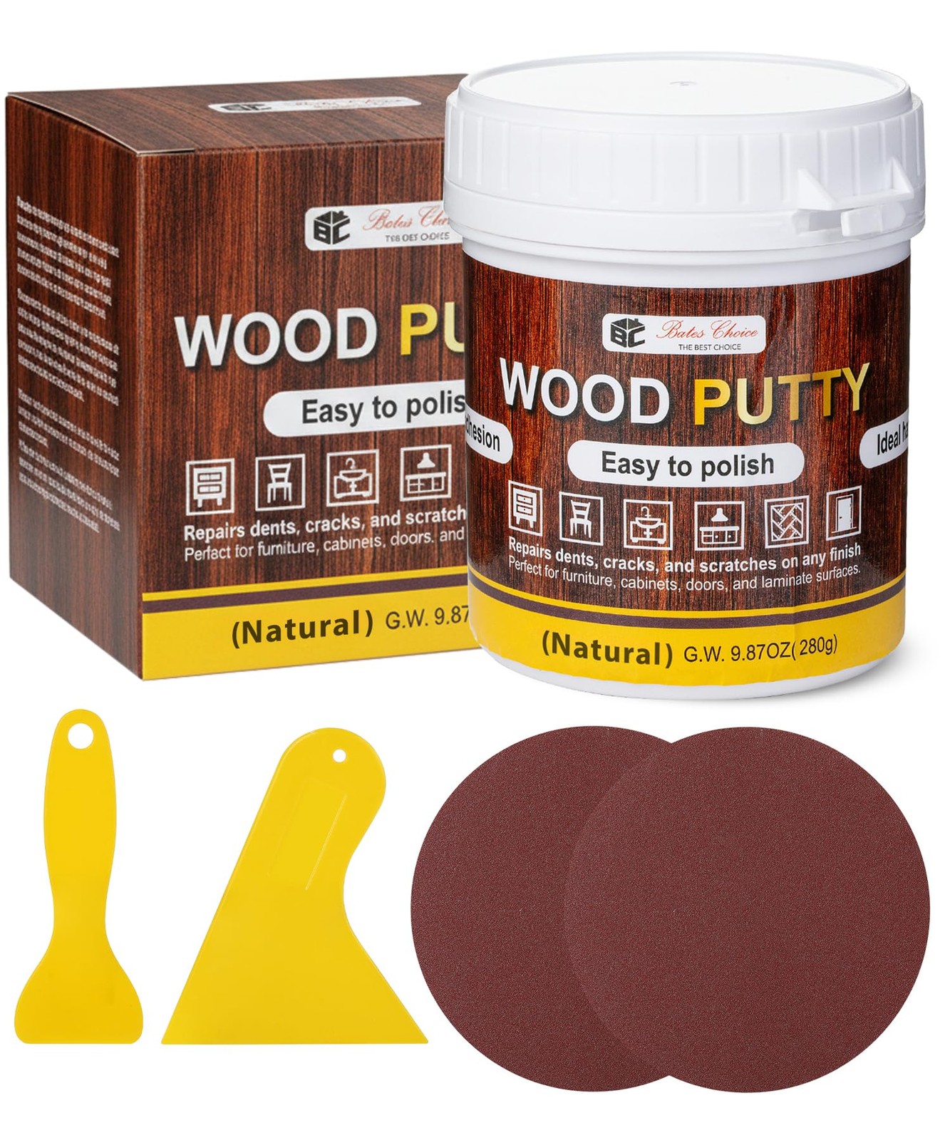 Bates- Wood Filler Putty Repair Kit, 9.87 Ounce, 2 Scrapers, 2 Natural