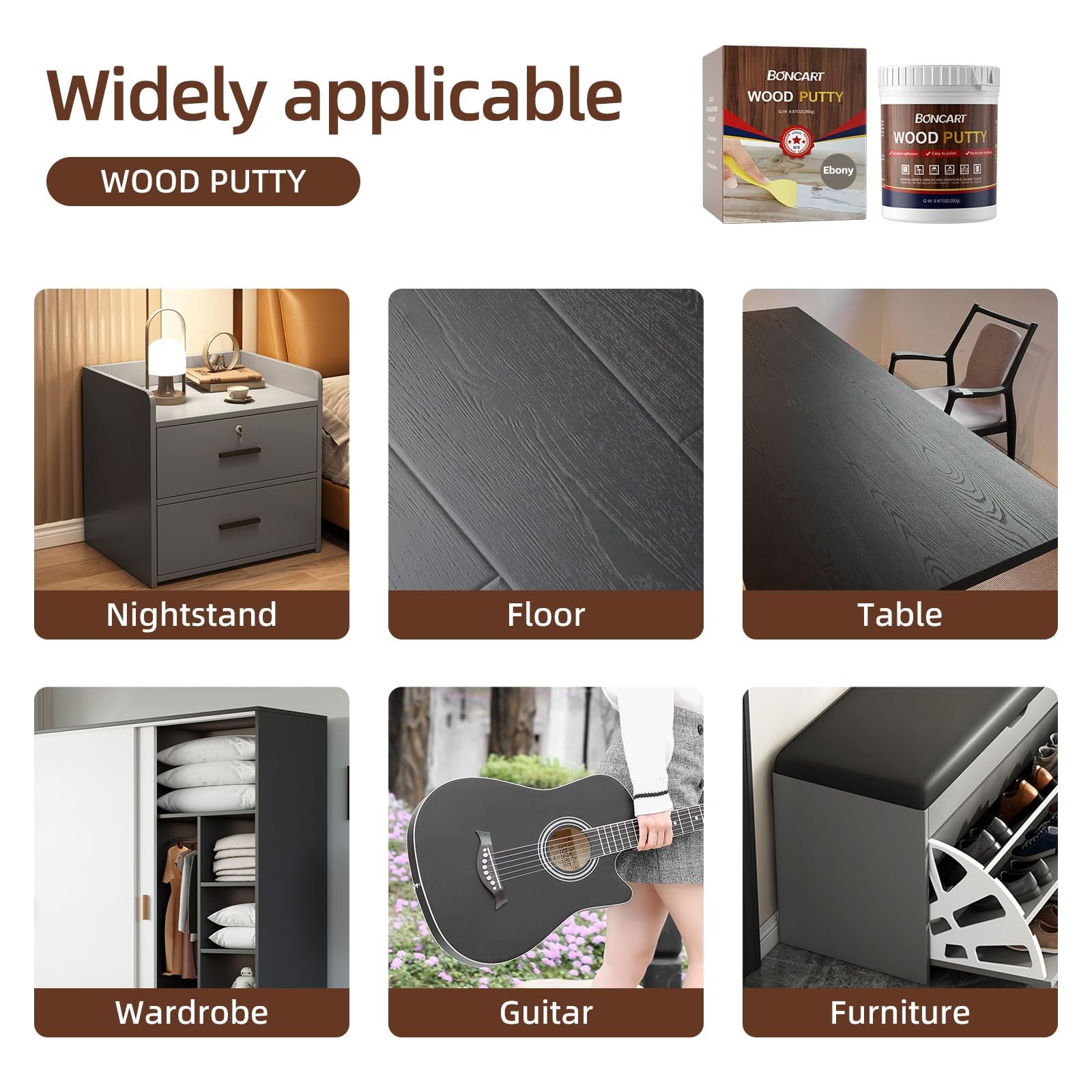 BONCART Wood Filler – Ebony, Paintable, Stainable, Sandable. Quickly Ebony