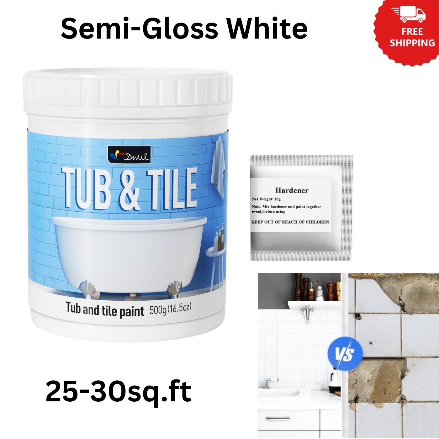 Tub and Tile Paint, Water Based Low Odor, Semi-Gloss White, 25-30 sq.ft
