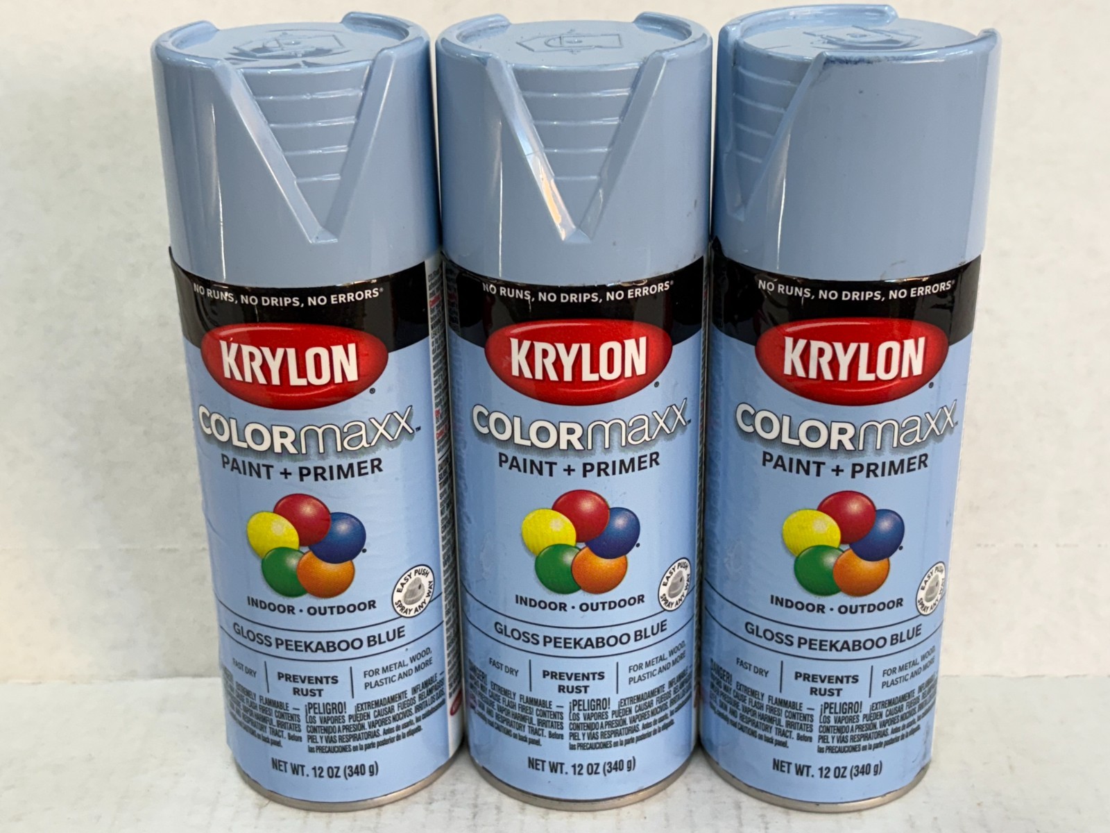 (3) KRYLON COLORMAXX GLOSS PEEKABOO BABY BLUE SPRAY PAINT & PRIMER 12 oz. CANS