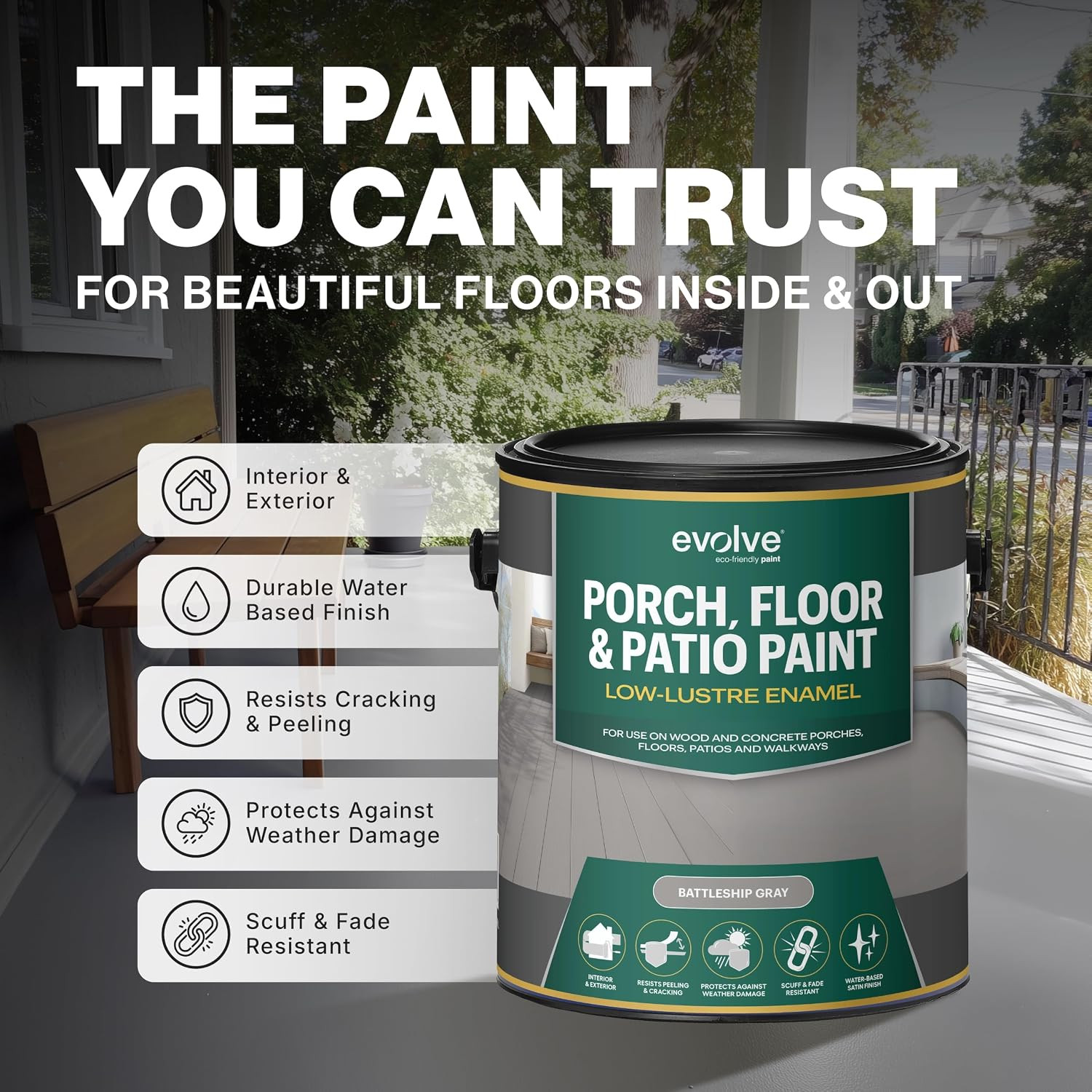 EVOLVE Porch & Floor Paint Battleship Gray 5 Gallon Interior Exterior Coating