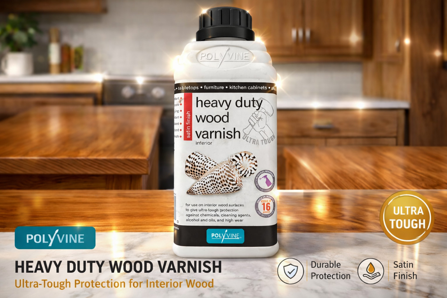 Polyvine Heavy Duty Wood Varnish Satin Finish Interior Clear Wood Sealer 1L