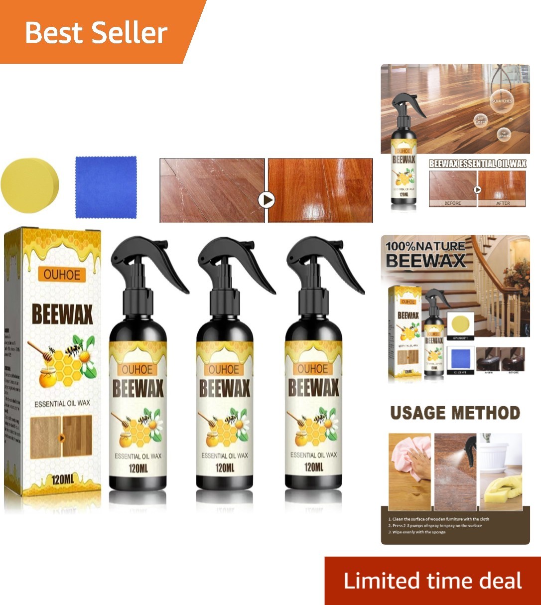 Beeswax Furniture Polish – Multi-Surface Cleaner & Revitalizer, Pack of 3