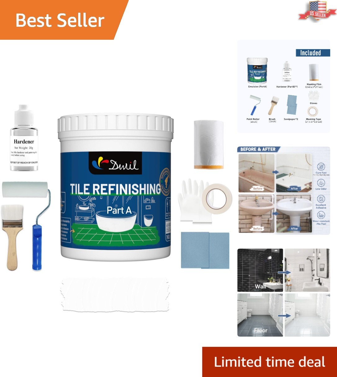 Fast-Drying Bathtub Paint Kit – Low Odor Semi-Gloss Finish – Easy Application