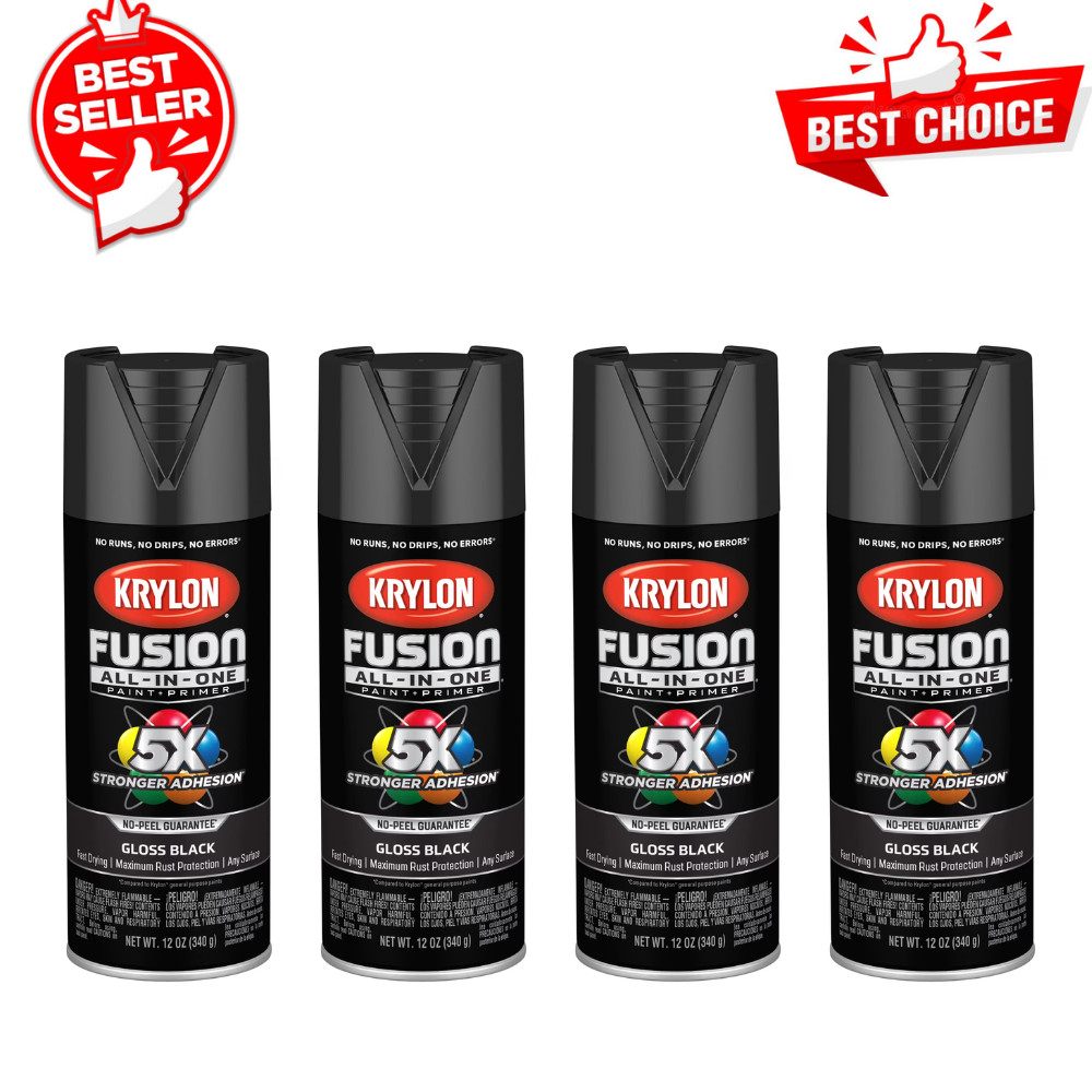 Krylon Fusion All-In-One Spray Paint, Gloss Black, 12 oz, Multi-Surface, 4 Pack