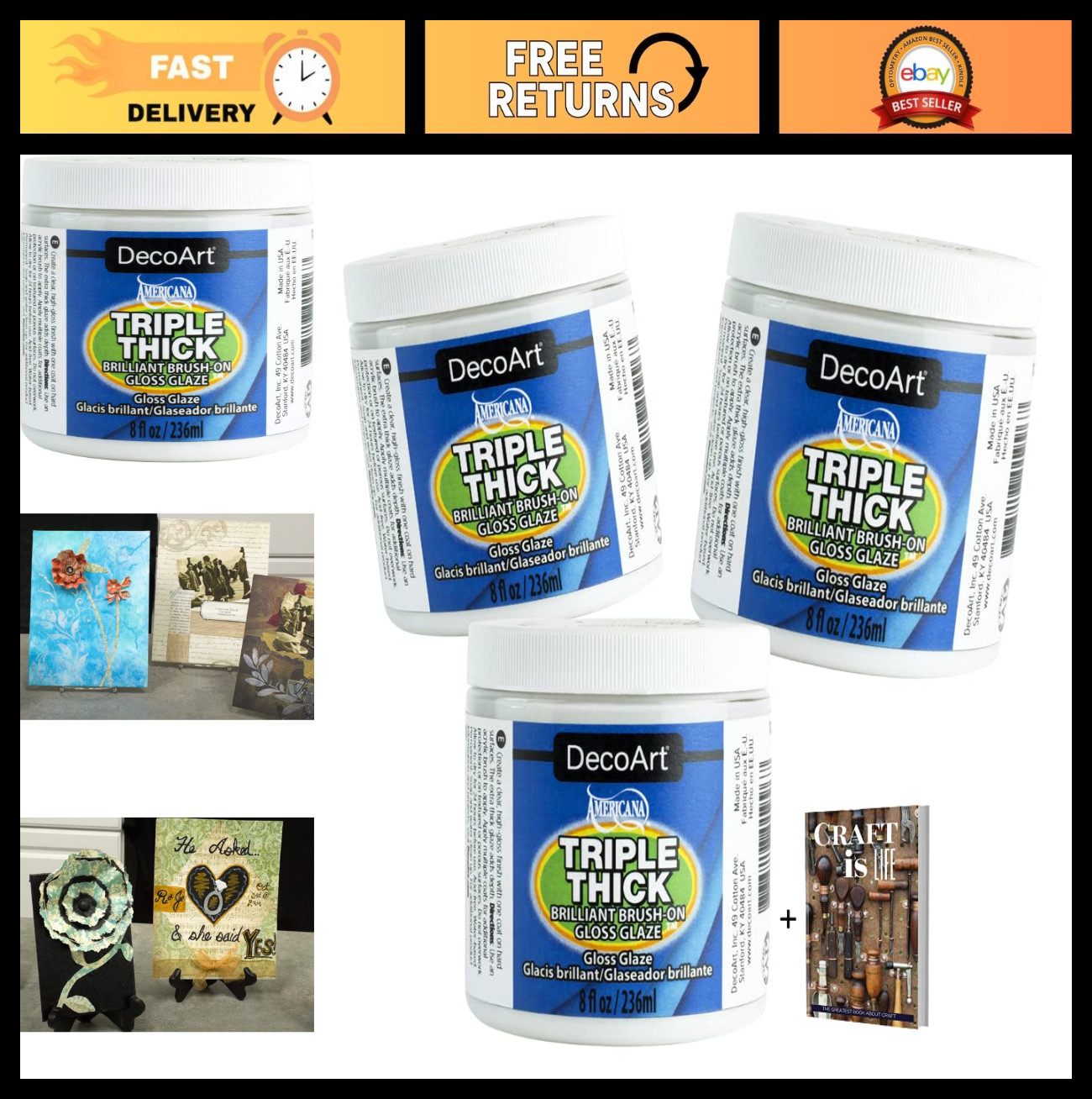 Triple Thick Gloss Glaze 3 Pack – 8oz Clear Coat for DIY Crafts, Wall Art & Home