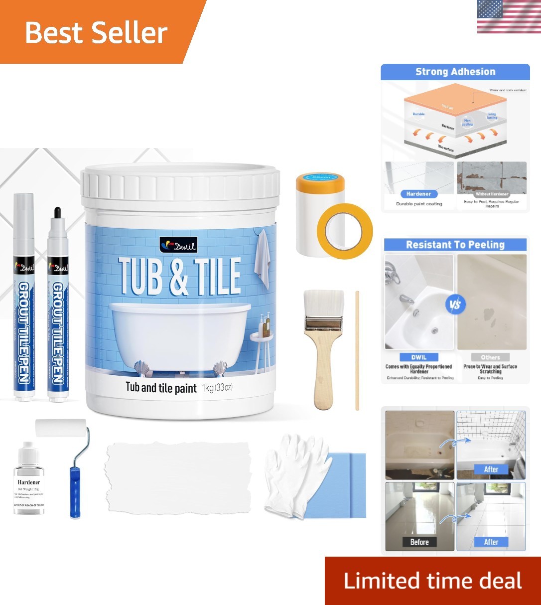 Tub Paint, Tub and Tile Refinishing Kit 33oz with Tools and 2 Grout Pen, Whit…